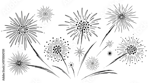 Handdrawn black and white fireworks burst creating a lively and festive scene, perfect for holiday event decorations, invitations, and cheerful celebrations.