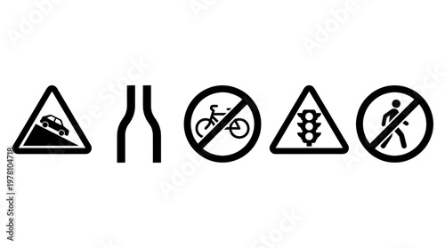 Set of essential road signs including warning for steep slope, narrowing road, no cycling, traffic light ahead, and no pedestrian entry for road safety applications.