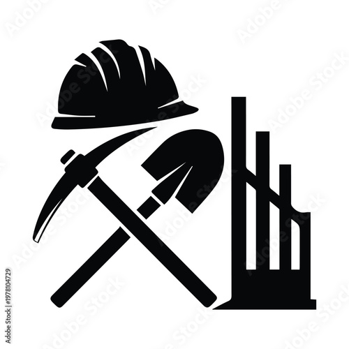 Mining industry icon set with hard hat and crossed pickaxe and shovel design for construction and excavation