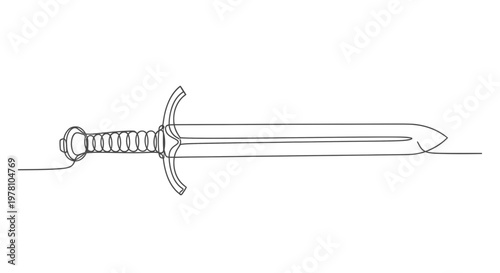 Continuous line drawing of a medieval sword with a crossguard, perfect for icons, game assets, historical themes, or minimalistic graphic projects.