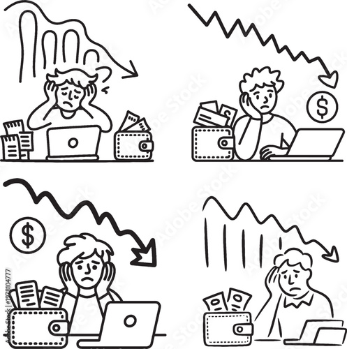small business cashflow problem vector design set in outline style isolated on background.