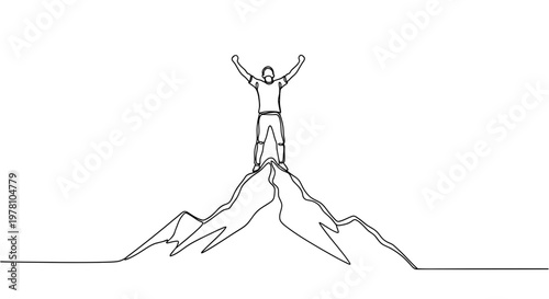 Continuous line drawing of a person reaching a mountain summit, arms raised in triumph, symbolizing success, overcoming challenges, and achieving goals for motivation and inspiration.