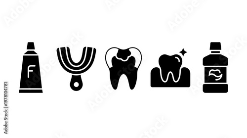 Black glyph icons illustrate dental care essentials toothpaste, tray, decayed tooth, healthy tooth, mouthwash. Ideal for healthrelated content and educational graphics.
