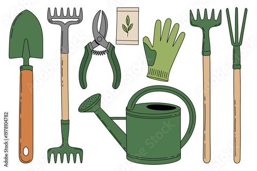 Gardening tools on white background