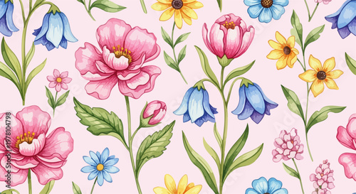 Romantic floral background with pastel blossoms and elegant flowing stems in harmony