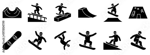 Vector icons representing snowboarding activities, including tricks on rails, jumps, and halfpipes. Ideal for winter sports, outdoor adventure, and extreme sports graphic designs.
