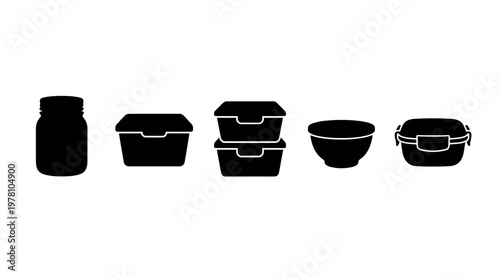 Diverse collection of food storage container silhouettes for efficient meal prep, kitchen organization, and ecofriendly living. Ideal for home, cooking, and sustainability concepts.