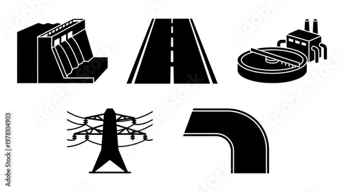 Set of black infrastructure icons hydroelectric dam, road, water treatment plant, electricity pylon, and pipeline. Represents urban development, energy, and resource management systems.