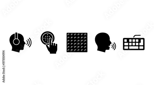 Icons illustrating human communication methods listening, touch, pattern recognition, speech, typing. Ideal for accessibility design and technology interfaces.