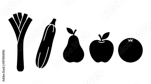 A variety of fruit and vegetable silhouettes including leek, zucchini, pear, apple, and orange. Ideal for health food promotions, grocery store materials, and menu designs.
