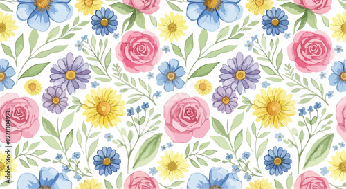 Elegant meadow flower background with scattered blooms and soft natural composition throughout