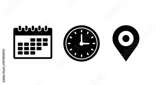 Set of essential black vector icons calendar for date, clock for time, and map pin for location, perfect for scheduling, events, or appointment planning applications.