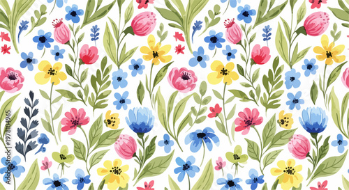 Vintage botanical background pattern with muted flowers and hand-drawn leafy details throughout