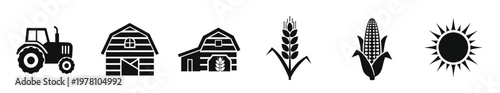 Black silhouette icons representing agriculture essentials including tractor, barn, wheat, corn, and sun, ideal for various farmrelated graphic projects.