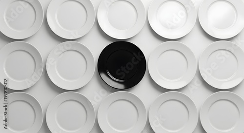 Arrangement of white plates with a single contrasting black plate