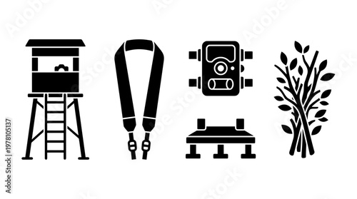 Glyph icons representing various outdoor and wildlife observation gear, perfect for illustrating hunting, nature photography, or wilderness exploration activities.