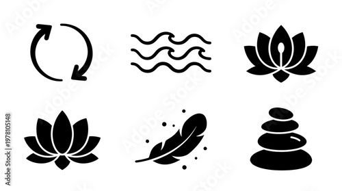 A set of symbolic icons including lotus flowers, waves, feather, stacked stones, and cycle arrows, perfect for wellness, spa, yoga, and ecofriendly designs.