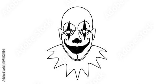 Creepy smiling clown face drawn with a single continuous line style perfect for Halloween, horror, or entertainmentrelated designs.