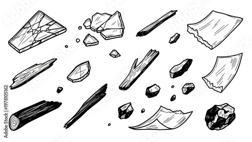 Sketched set of shattered glass, wood debris, and torn paper. Perfect for game design, graphic assets, or educational resources.