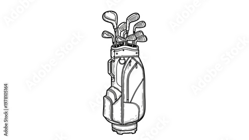 Handdrawn outline of a golf bag packed with assorted clubs, suitable for golf sport themes and recreational game designs.