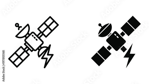 Communication satellites experiencing technical issues depicted in contrasting styles