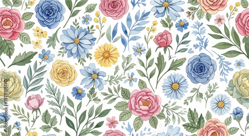 Charming garden-inspired floral background pattern with colorful blossoms and balanced leafy textures