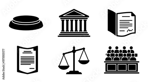Collection of law and justice glyph icons including court gavel, courthouse, legal documents, scales, and jury, perfect for legal presentations, business, and educational resources.