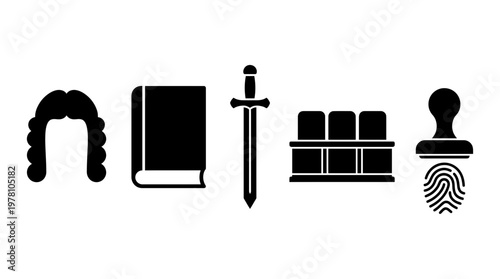Collection of essential legal and justice icons judge wig, law book, sword, court benches, and fingerprint stamp. Perfect for legal and educational themes.