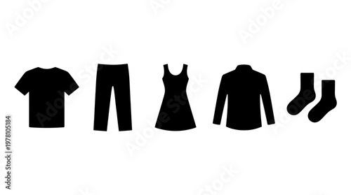 Versatile set of black clothing silhouettes including tops, bottom, and socks, useful for apparel diagrams, retail visuals, or laundry concepts.