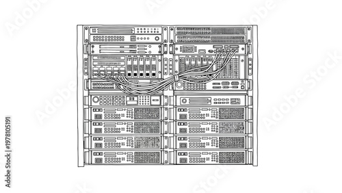 Line drawing of a server rack with various network devices and interconnected cables, representing IT infrastructure and data center technology.