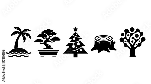Set of various tree icons including palm, bonsai, Christmas, stump, and stylized trees, perfect for naturethemed graphic design, environmental projects, and educational resources.