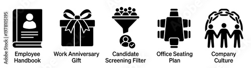 Comprehensive collection of human resources and workplace management icons suitable for business presentations, corporate communications, management software interfaces, and employee