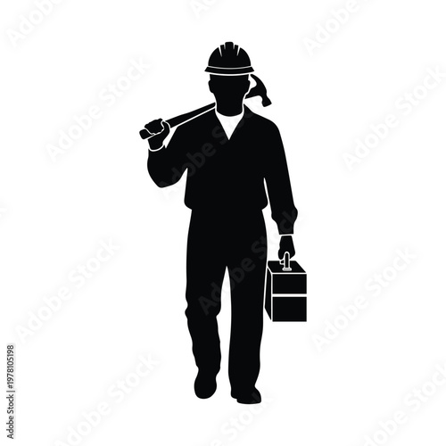 Professional construction worker walking with hammer and toolbox silhouette for manual labor services