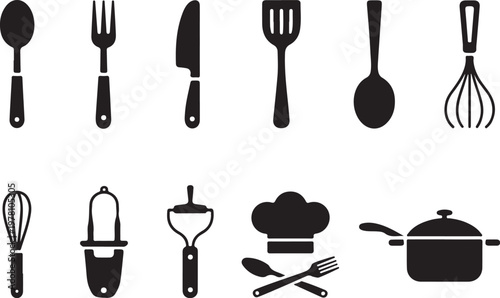 Kitchen and cooking black icons set including oven clock chef hat utensils pots pans ,Cooking Tools Silhouette Collection