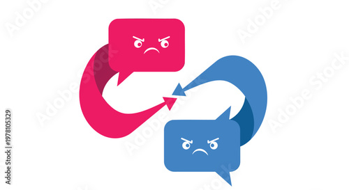 Angry chat speech bubbles, opposing conversation, red and blue icons, argumentative dialogue, emoticon symbols, vector graphics