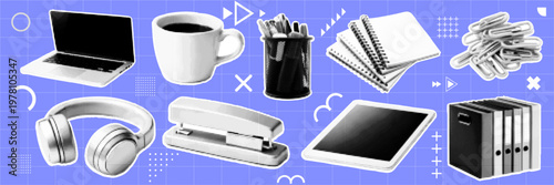 Halftone pop art dot laptop coffee cup pen holder notebook paper clips headphones stapler tablet file organizer collection vector illustration
