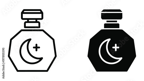 Contrasting perfume bottles with crescent moon and plus sign symbols
