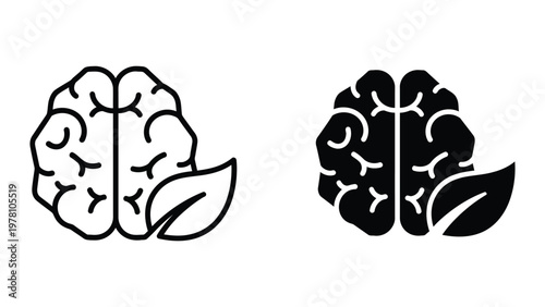 Contrast of human brain and leaf-inspired brain icons in black and white