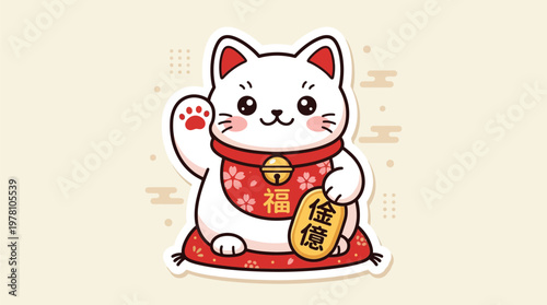 A cute, cartoon-style Maneki-neko, a Japanese beckoning cat, sits on a red cushion, waving its paw and holding a gold coin, symbolizing good fortune and prosperity.
