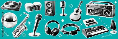 Halftone pop art dot turntable drum speaker microphone guitar boombox cassette keyboard tambourine headphones collection vector illustration