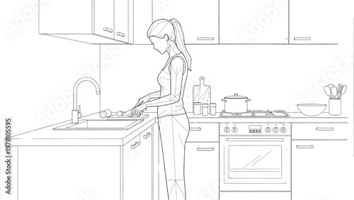 Woman Cooking in Modern Kitchen Line Art – Home Food Preparation Lifestyle Illustration Minimal Outline