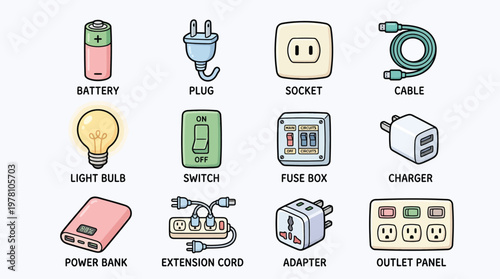 A collection of electrical components and accessories, including a battery, plug, socket, cable, light bulb, switch, fuse box, charger, power bank, extension cord, adapter, and outlet panel.