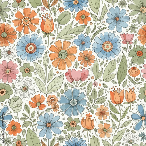 Bright vintage blossom wallpaper full of joyful handcrafted details.