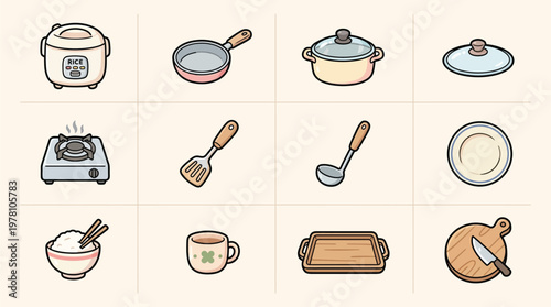 A collection of kitchenware and cooking utensils, including pots, pans, a rice cooker, a stove, and serving dishes.