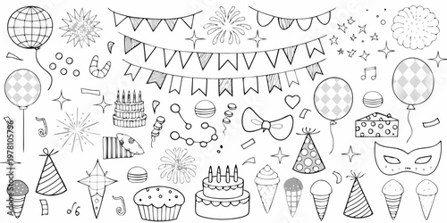 Festive hand drawn doodle set with party elements and celebratory decorations