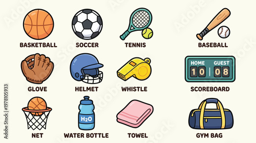 A collection of cartoon-style illustrations depicting various sports equipment and accessories.