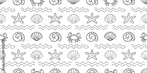 Seamless pattern with hand drawn marine life and ocean wave motifs