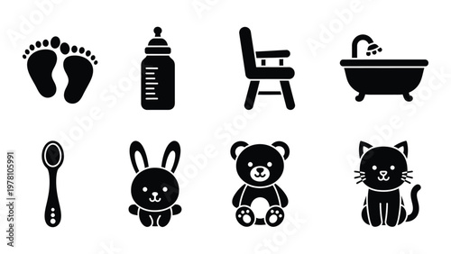 A collection of black silhouette icons depicts baby essentials including footprints bottles furniture and comforting toys high quality professional detailed modern