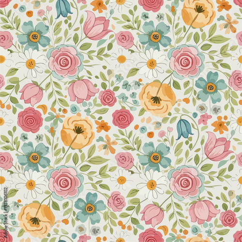 Colorful spring wallpaper blooming with playful tulips and whimsical flowers in a handcrafted style.