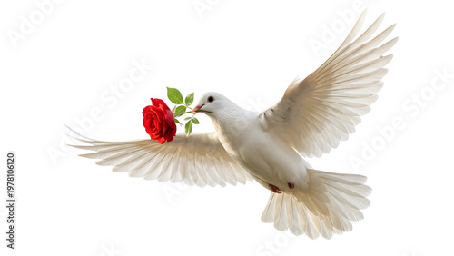 White dove flying with red rose in beak isolated on transparent background